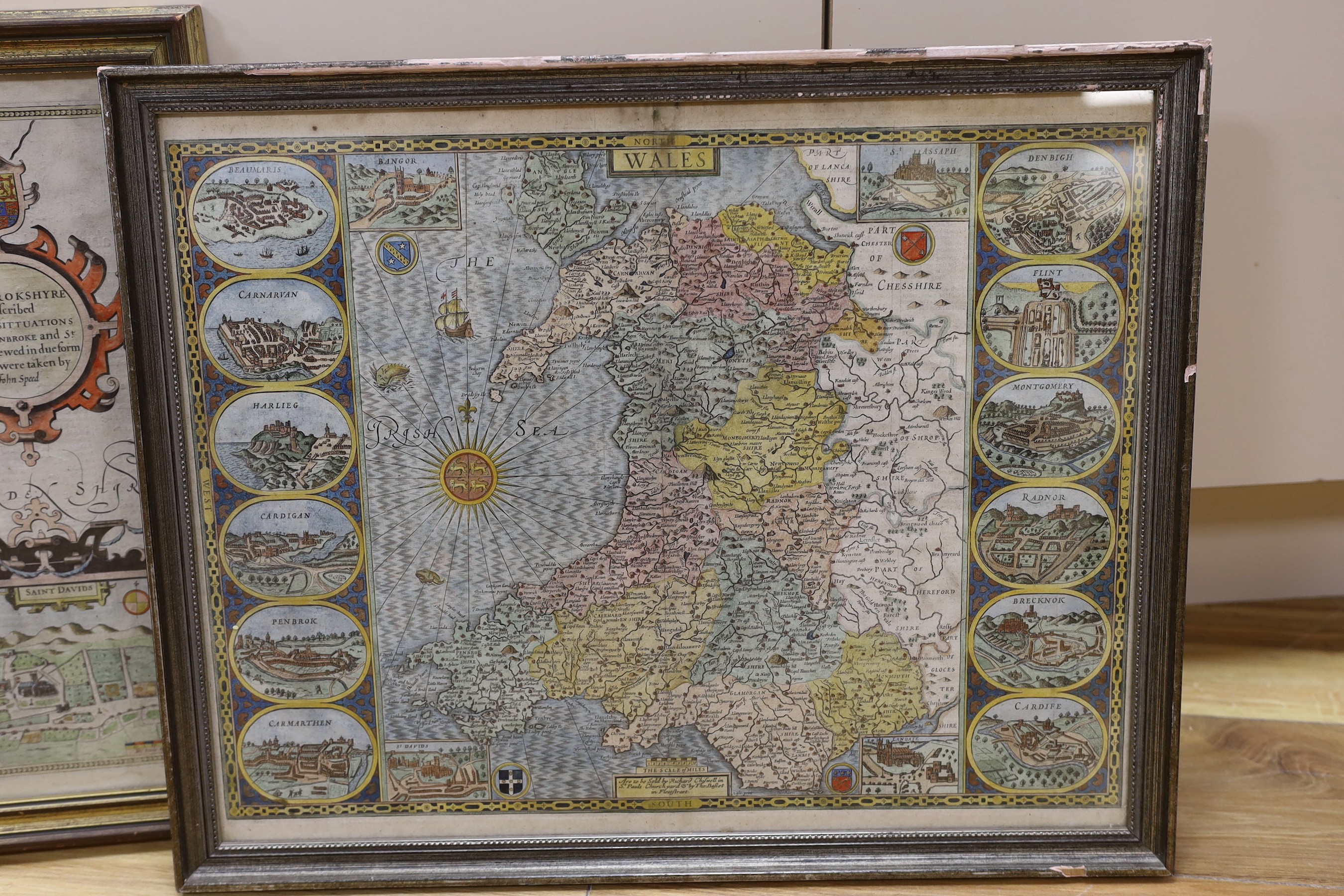 John Speede, two coloured engravings, Maps of Wales and Pembrokshyre, 41 xx 51.5cm and 41.5 x 53.5cm